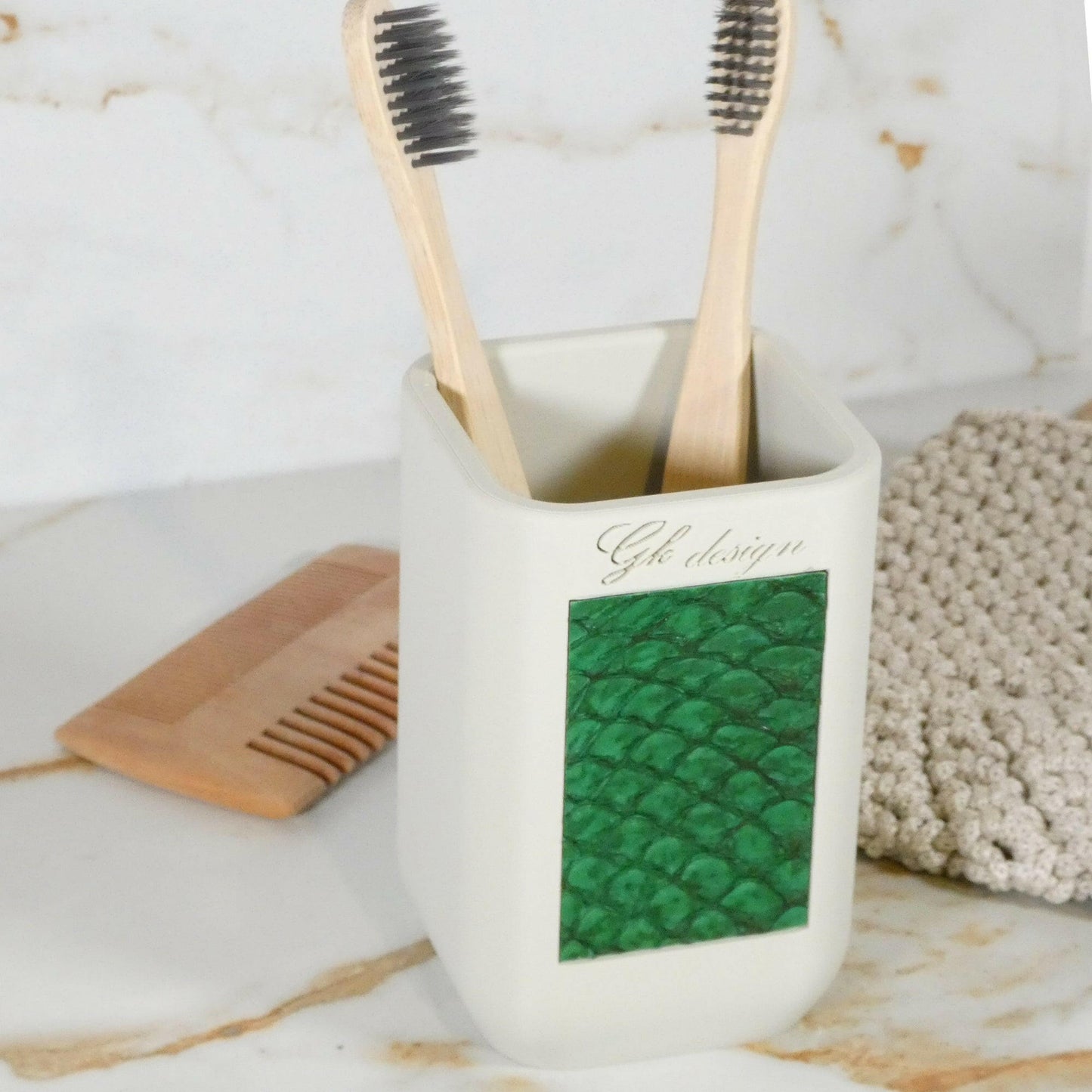 Pot à brosse à dent blanc, cuir de poisson