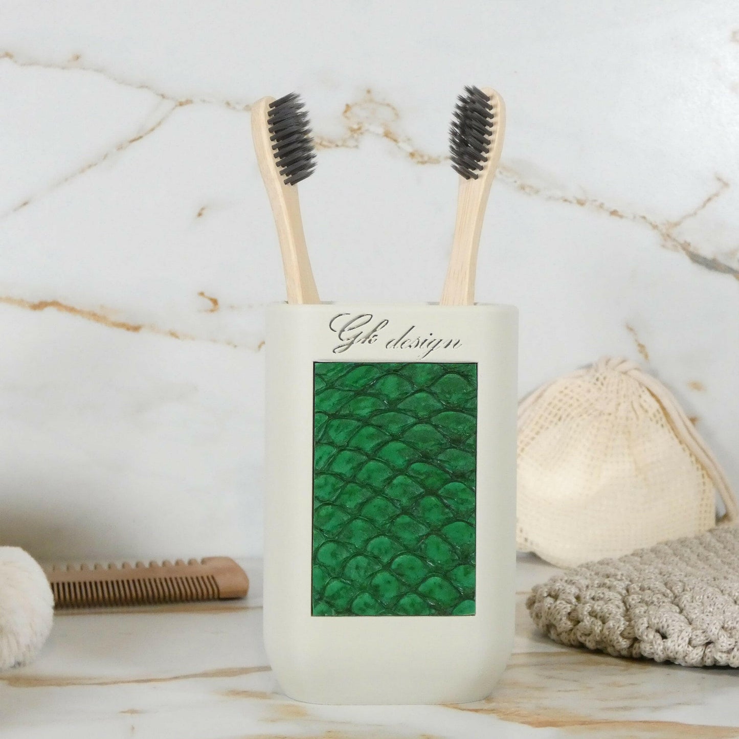 Pot à brosse à dent blanc, cuir de poisson