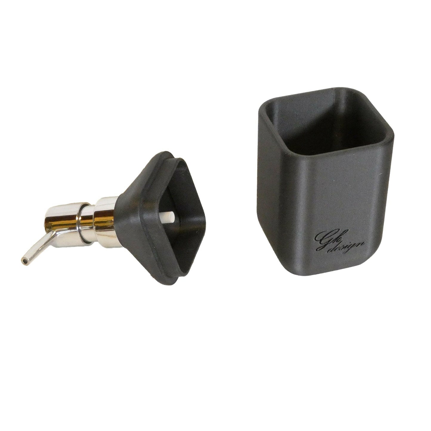 Vue complète du distributeur de savon liquide en PLA noir mat, accessoire design et durable pour salle de bain contemporaine.