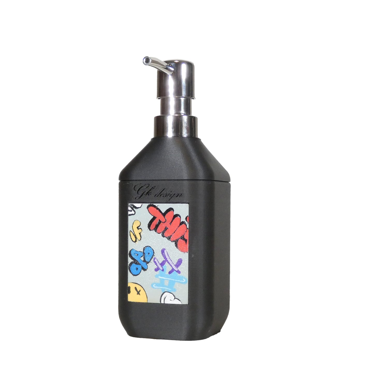 Détails du distributeur à savon de salle de bain noir en impression 3D, finition street art avec un design unique et résistant à l’humidité.