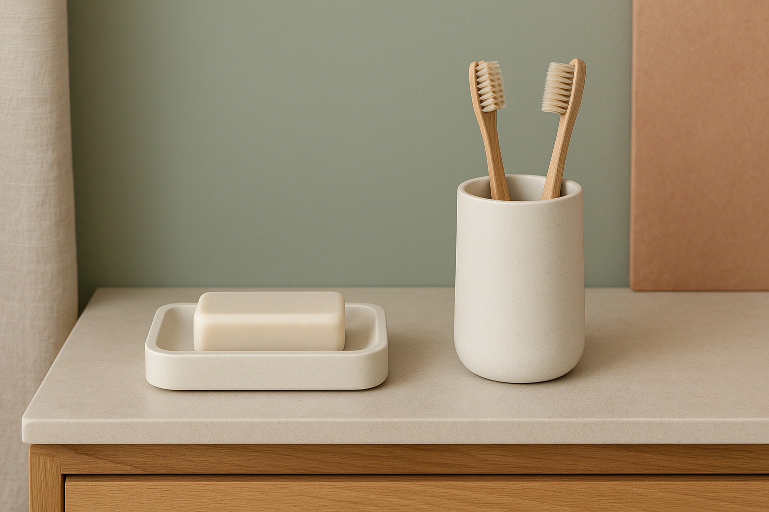 Photo d’un porte-savon et d’un pot à brosse à dents en blanc cassé sur un meuble en bois clair, dans une salle de bain au style minimaliste et naturel, par GK Design