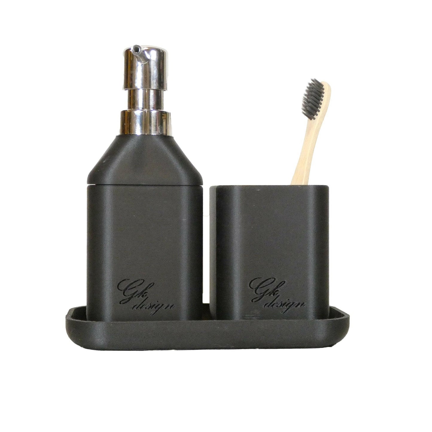 Vue complète du set d’accessoires de salle de bain en noir mat, comprenant un pot à brosse à dents et un distributeur de savon, pour un design minimaliste.