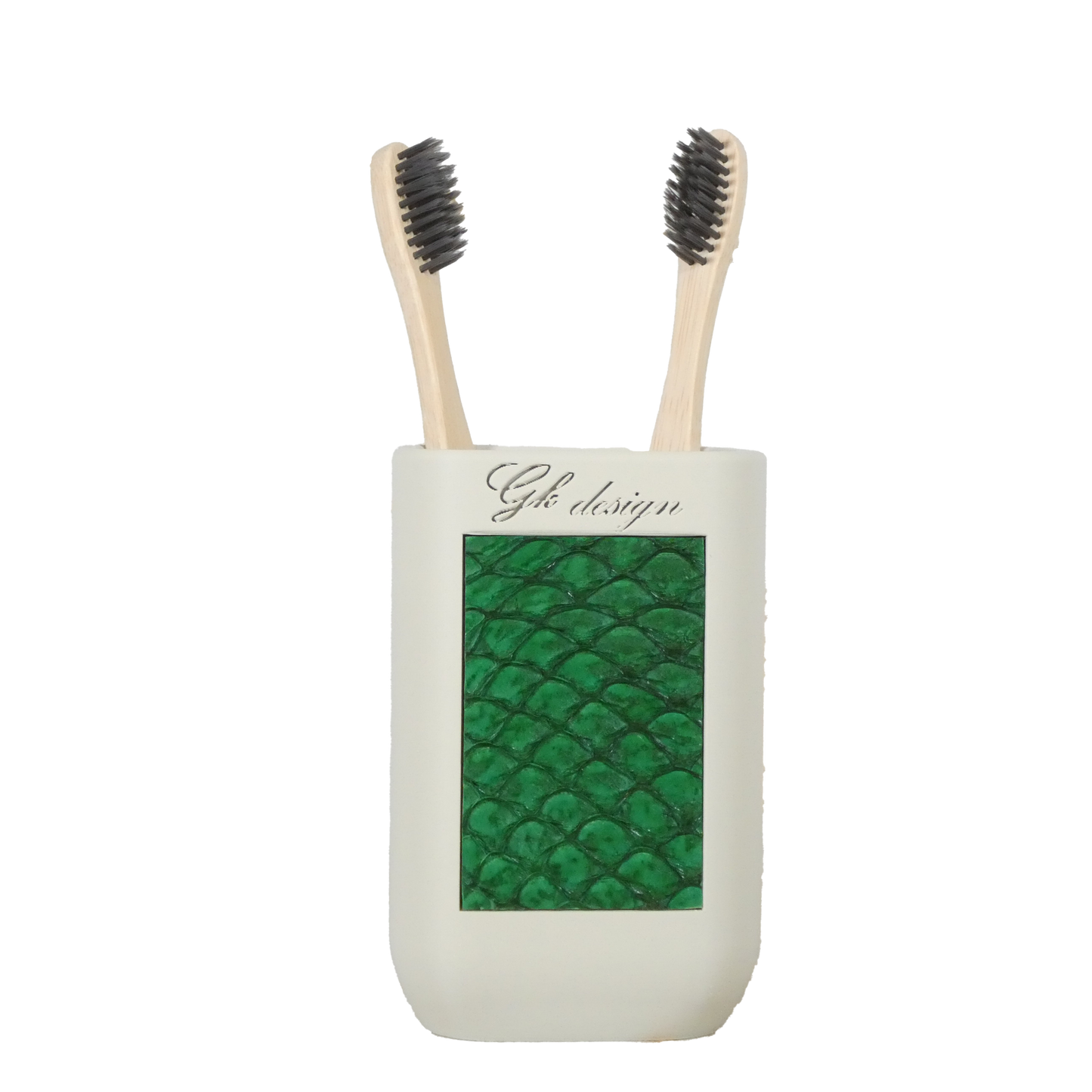 Porte-brosses à dents élégant en PLA et cuir de poisson tilapia recyclé. Accessoire de salle de bain design, disponible en noir et blanc cassé, alliant luxe et durabilité.